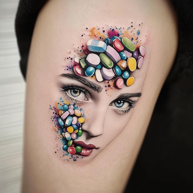 Photo a woman with a colorful face tattoo on her arm