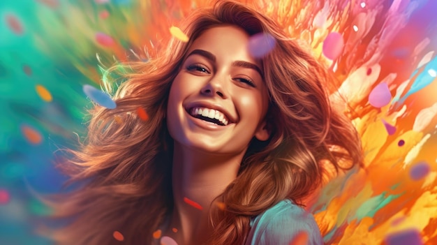 A woman with a colorful feathery background