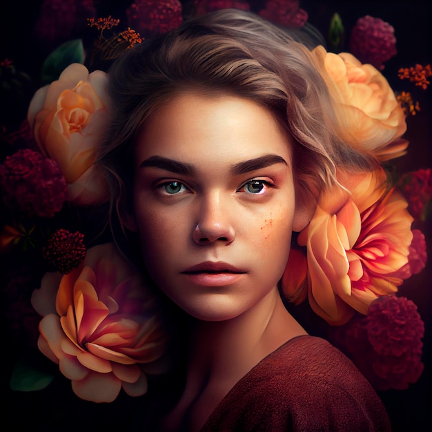 Woman with colorful flowers Illustration created by Generative AI technology