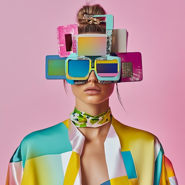 Photo woman with colorful geometric glasses and a patterned jacket on a pink background