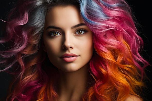 Woman with colorful hair and black background is shown in this artistic photo Generative AI