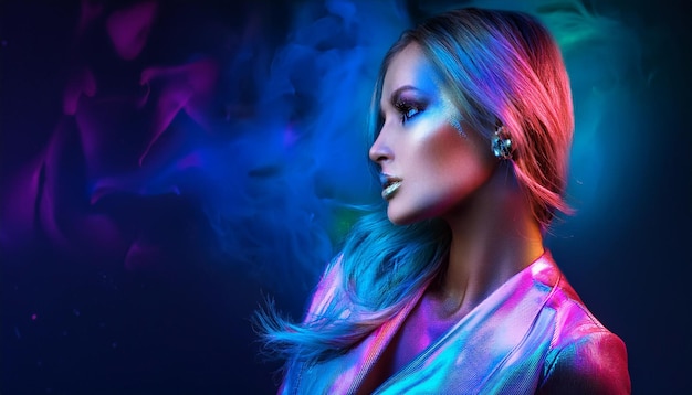 a woman with a colorful hair and a blue and pink light behind her