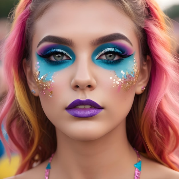 A woman with colorful hair and bold makeup has a rainbow colored background