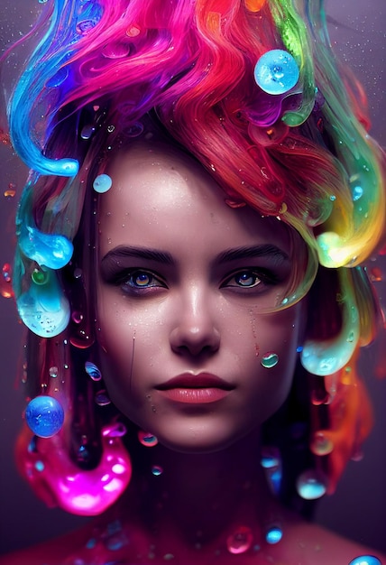 Woman with colorful hair and bubbles in her generative ai