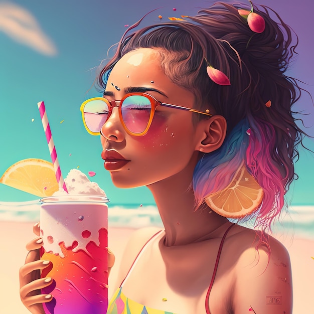 A woman with colorful hair and colorful sunglasses holds a drink on the beach.