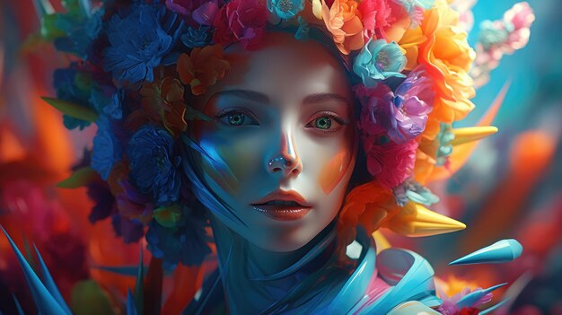 A woman with a colorful hair and a flower crown