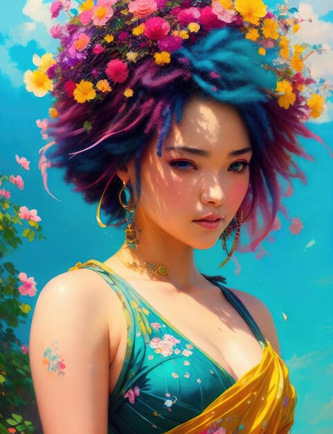 A woman with colorful hair and flowers in her hair