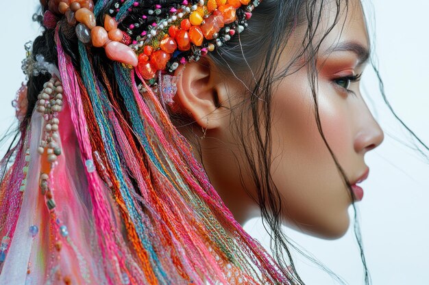 Photo a woman with colorful hair has a colorful hair band on her head