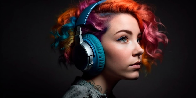 A woman with colorful hair is wearing headphones.