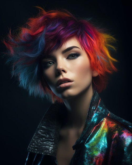 A woman with colorful hair and a jacket