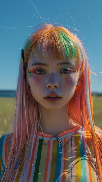 Woman with colorful hair and makeup smiling in grassy field