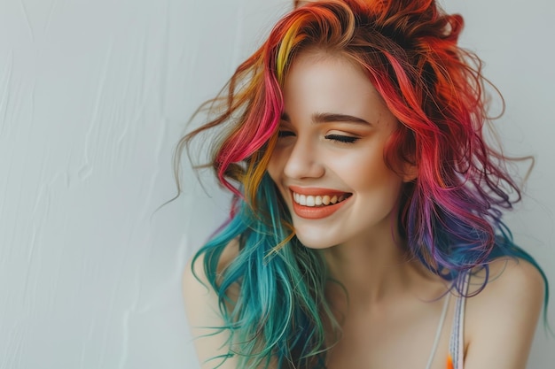 Photo a woman with colorful hair and a multicolored hairdo