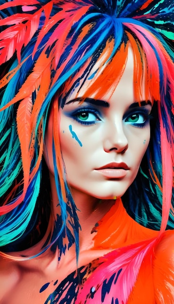 a woman with colorful hair and a painting of a woman with blue eyes