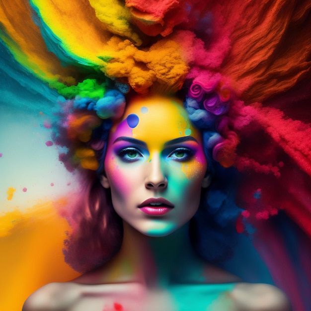 A woman with colorful hair and a rainbow face.