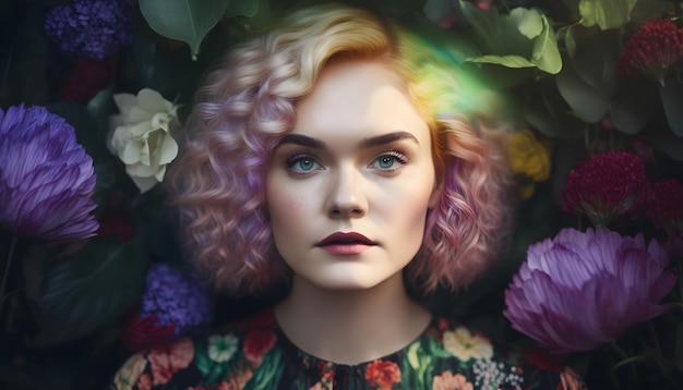 A woman with colorful hair stands in front of flowers.