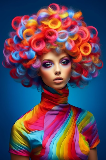 Woman with colorful hair wearing colorful dress and rainbow colored wig Generative AI