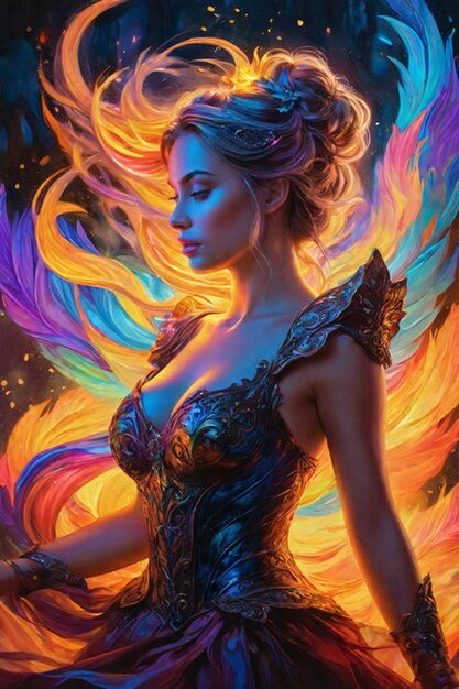 A woman with colorful hair and wings in a dress