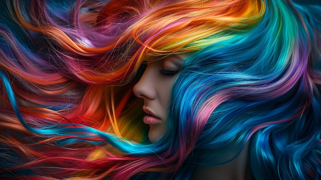 Photo a woman with colorful hair with rainbow colors on her face