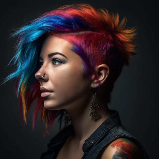 A woman with a colorful haircut is posing for a photo