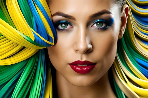 A woman with a colorful hairdo and a bright green eye makeup