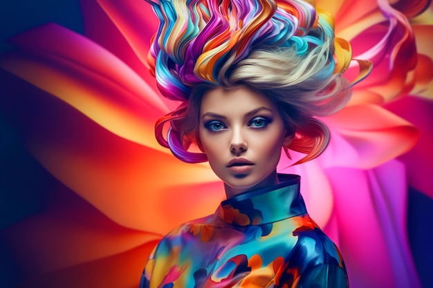 Woman with colorful hairdo and multicolored dress on Generative AI