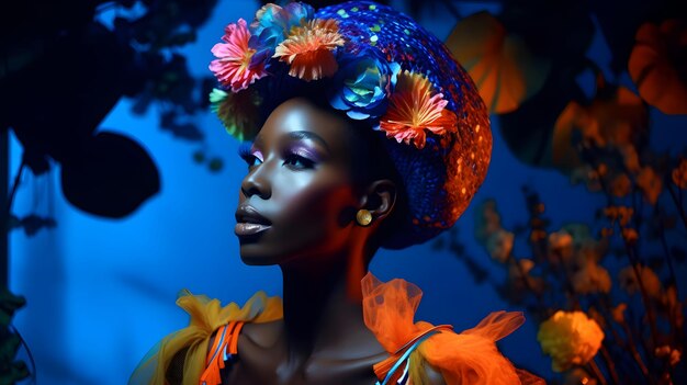 A woman with a colorful hat and a flower on her head