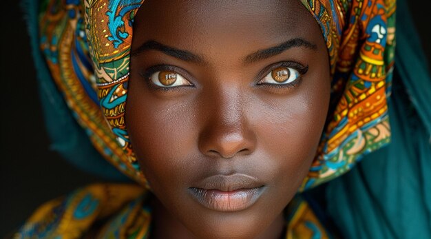 Photo a woman with a colorful head covering has a blue and gold colored head covering