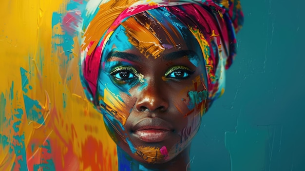 A woman with a colorful head scarf and face paint The painting is abstract and colorful The woman39s face is the main focus of the painting