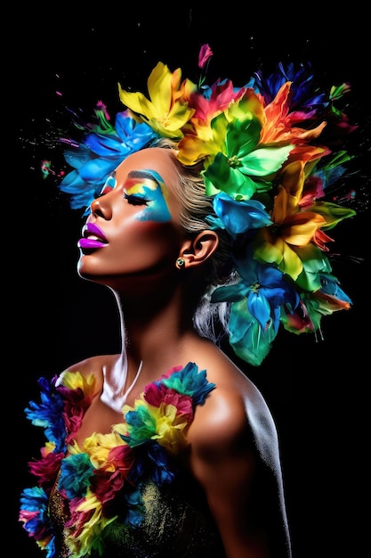 A woman with a colorful headdress and a rainbow colored headdress.