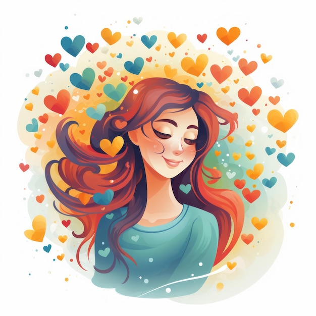 Woman with colorful hearts in her long hair love and emotion concept good hearted positive thinking