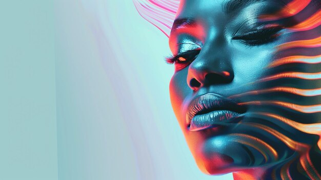 Woman with colorful lighting on face eyes closed artistic vibe