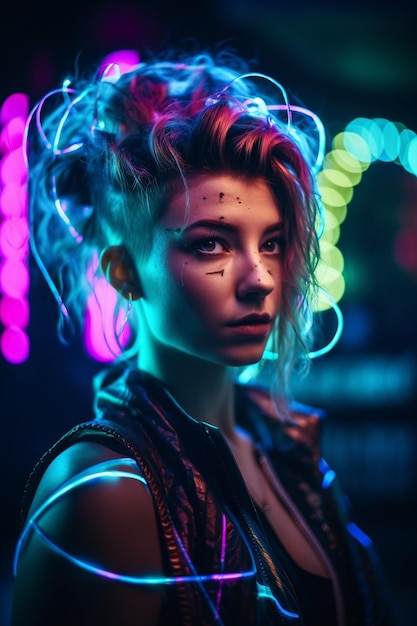 A woman with colorful lights in the background