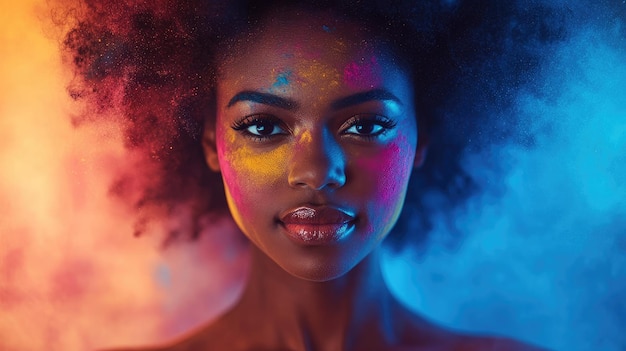 Photo a woman with colorful makeup and a colorful background