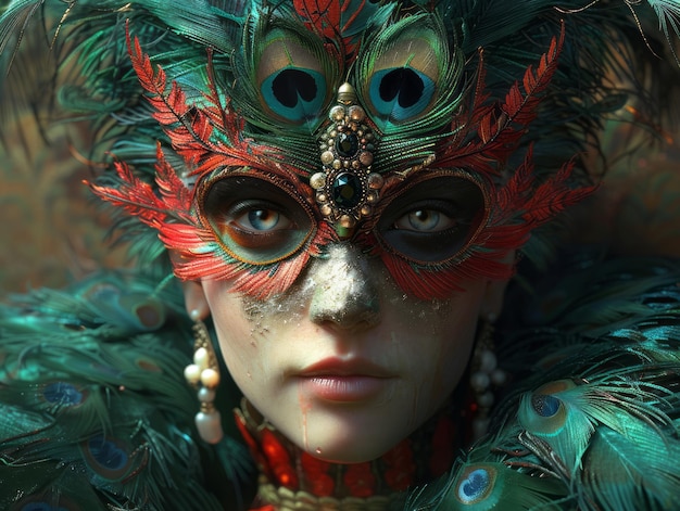 a woman with a colorful mask that has the word  peacock  on it