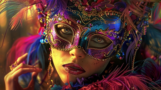 a woman with a colorful mask and the word  she is