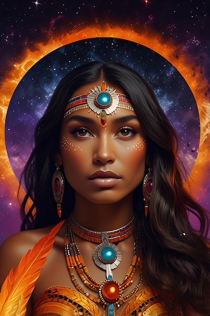 a woman with a colorful necklace and a colorful background