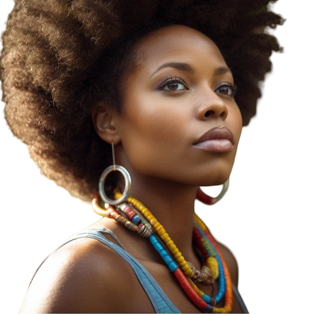 a woman with a colorful necklace and a colorful necklace