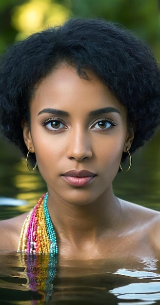 a woman with a colorful necklace on her neck