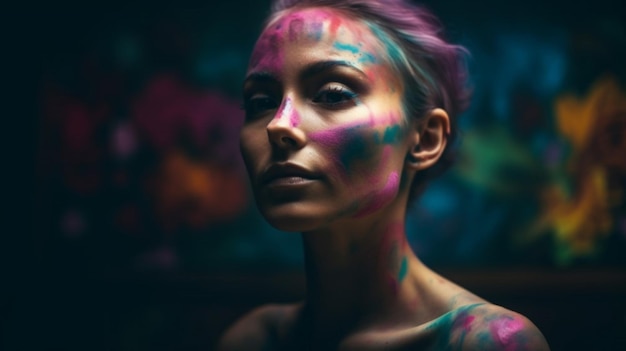 A woman with colorful paint on her face