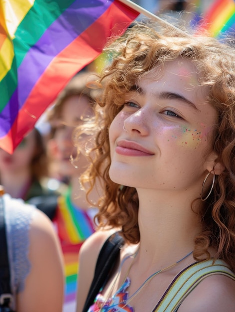 Photo a woman with a colorful rainbow flag woven into her hair suitable for lgbtq events or pride celebrations