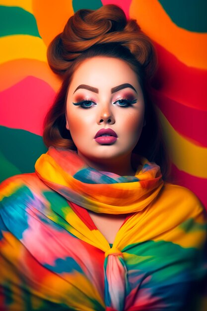 Woman with colorful scarf around her neck posing for photo in front of multi colored background Generative AI