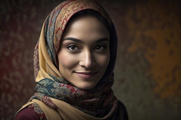 A woman with a colorful scarf on her head smiles at the camera.