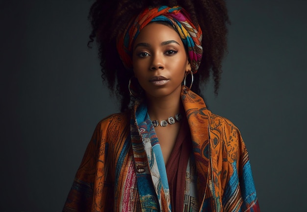 A woman with a colorful scarf and a scarf stands in a dark room.