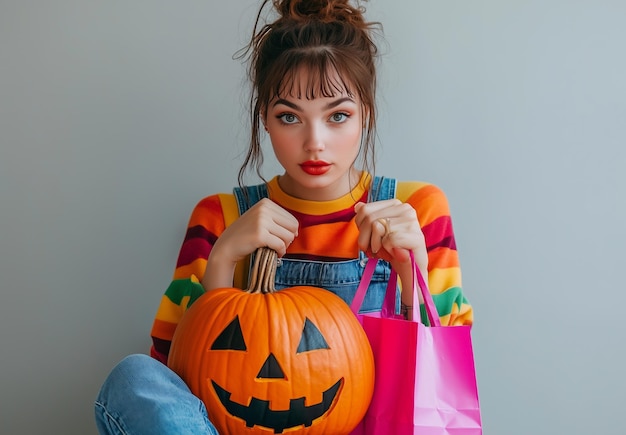 a woman with a colorful shirt that says  halloween