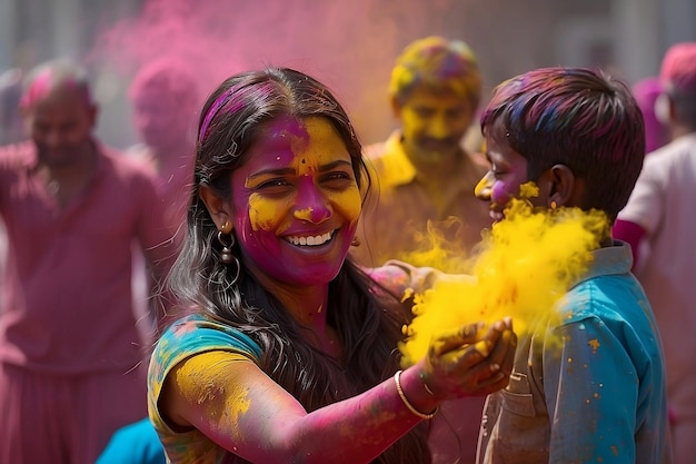 Photo a woman with a colorful shirt that says quot happy quot on it