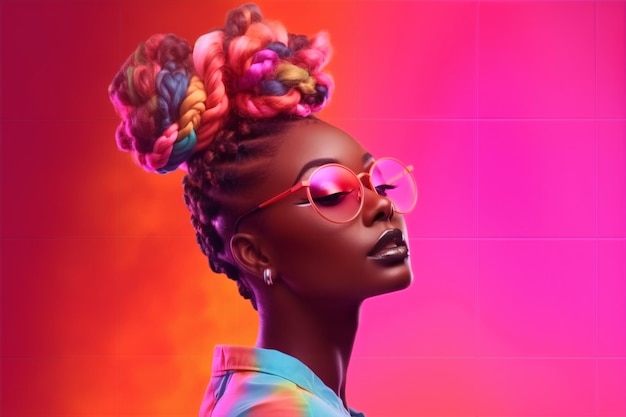 A woman with colorful sunglasses and a rainbow colored hairdo