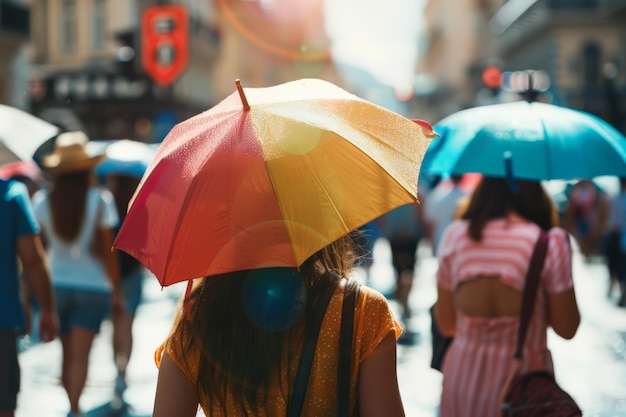 Woman with colorful umbrella walking on sunny street Personal heatwave protection in urban setting