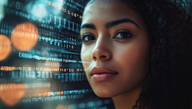 A woman with a computer screen behind her face