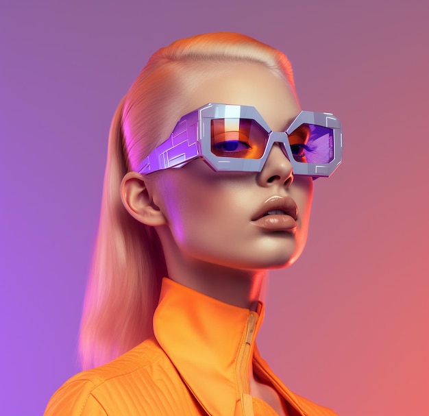 Woman with a confident look in modern square sunglasses with neon colors generative ai