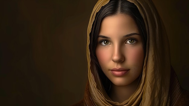 Woman with a contemplative gaze wearing a golden headscarf with focus on her clear eyes smooth skin